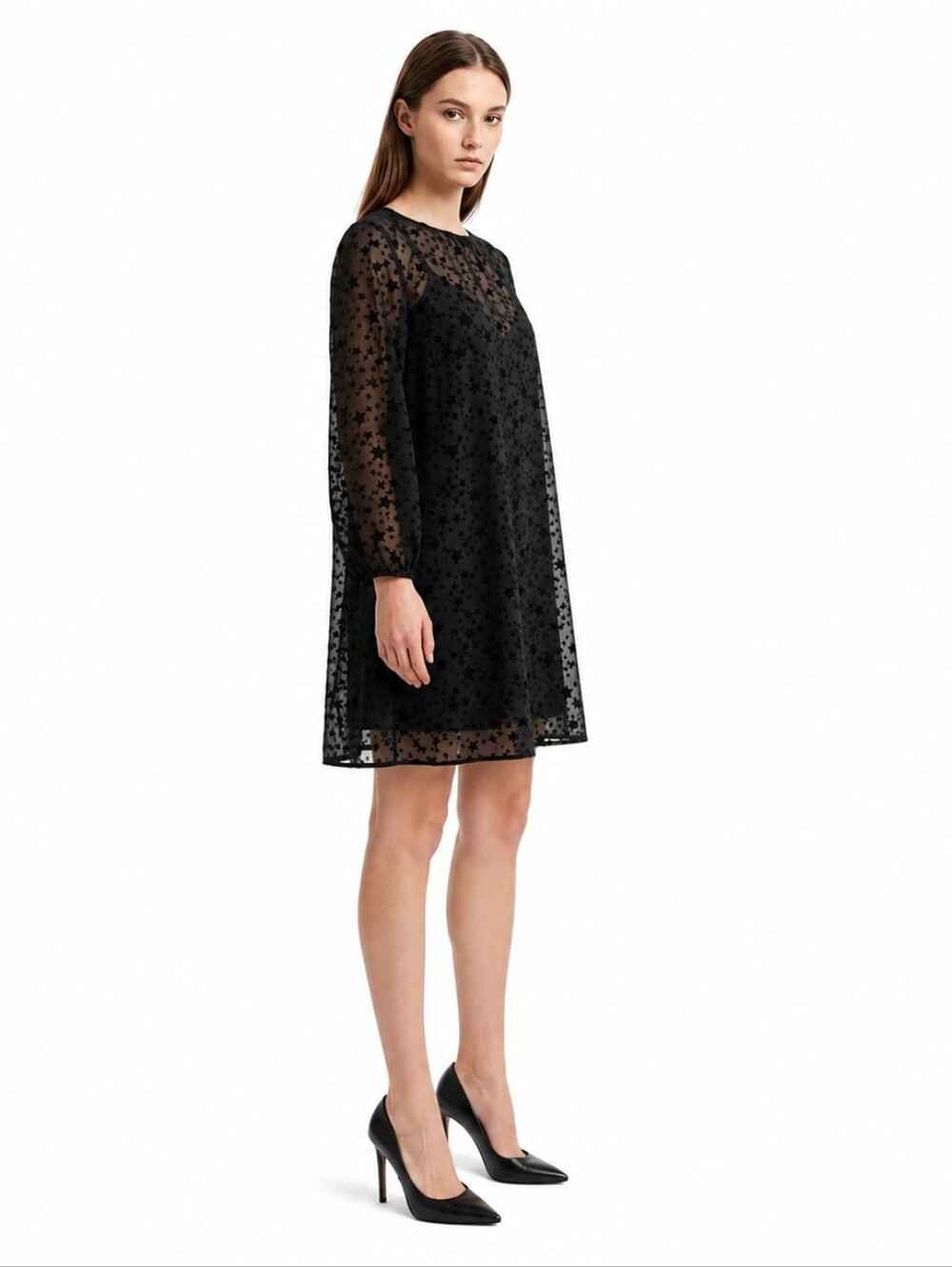 Black Velvet Burnout Shift Dress Size S Flocked Star Print Celestial Whimsigoth